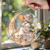Moon Witch Acrylic Suncatcher, Stained Glass Style Elegant Lady on Crescent Moon Window Hanging, Fantasy Celestial Home Décor Gift